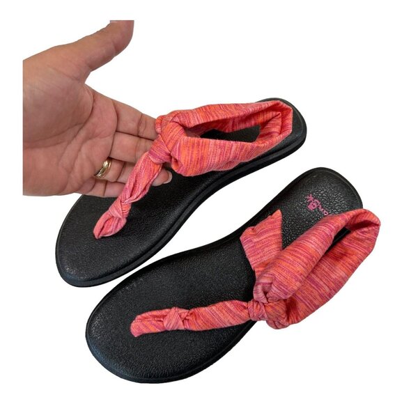 Sanuk Women SZ 7 Orange Stripes T-Strap Fabric Sandal Shoes Comfy Padded Insole - Picture 5 of 10